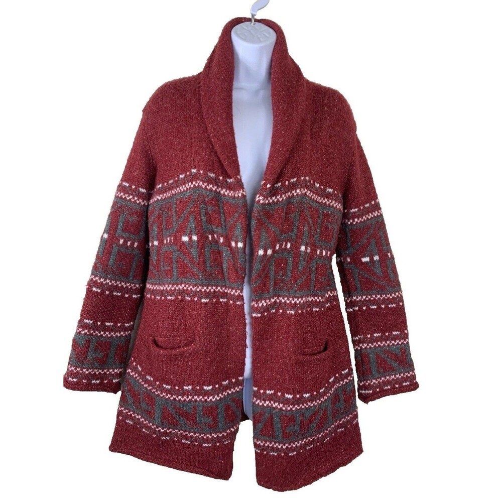 Kersh Wool Blend Cardigan Knit Open Front Pockets Red Fair Isle Aztec Women's M